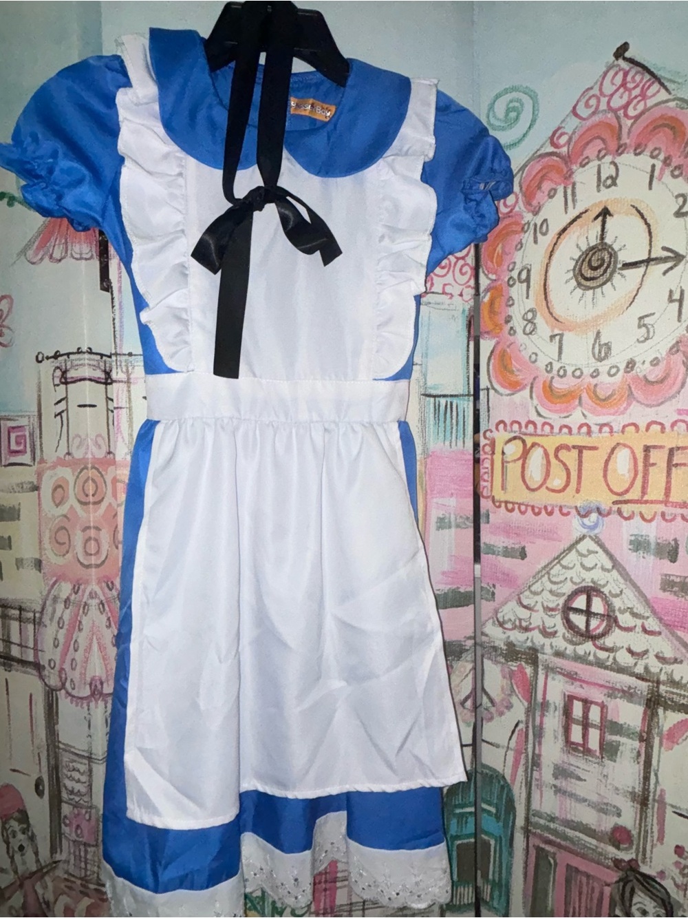 Blue & White Alice in Wonderland Girls Costume Dress w Black Bow 130 cm (7-8)